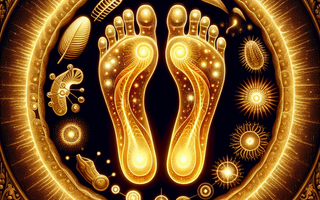 Golden aura emanating from a pair of bespoke insoles