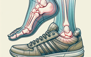 An illustration of well-cushioned shoes supporting human feet, with a focus on supportive insoles promoting stability and foot alignment.