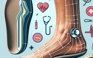 A close-up image of custom-fitted insoles placed next to an Asian male foot, surrounded by health symbols such as a stethoscope, heart, and pulse line. A tape m