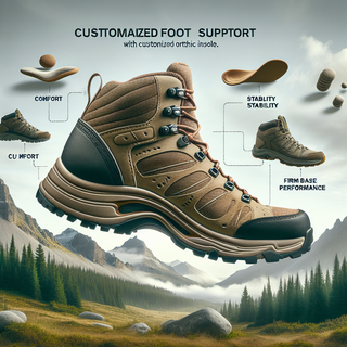 A hiking boot with customized orthotic insole, surrounded by symbols representing comfort, stability, and performance, with various terrains in the background.