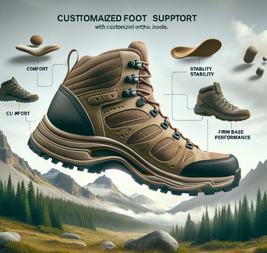 A hiking boot with customized orthotic insole, surrounded by symbols representing comfort, stability, and performance, with various terrains in the background.