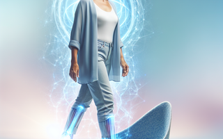 Alt text: A middle-aged Hispanic woman standing on custom insoles with a glowing blue aura around her feet, set against a serene pastel landscape.