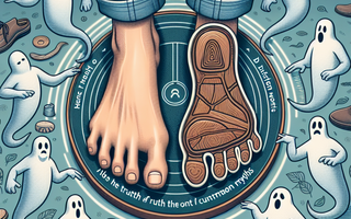 A pair of South Asian feet comfortably resting on tailored insoles, surrounded by fading friendly ghost figures symbolizing dispelled myths, set against a backd
