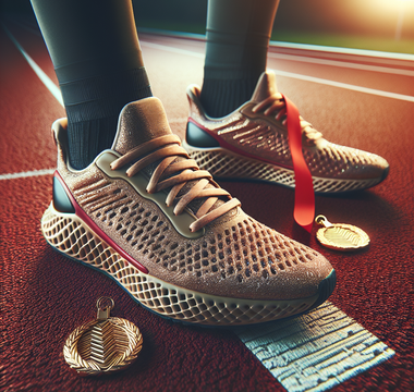 A pair of well-crafted athletic shoes positioned with precision on a red running track, showcasing perfect foot alignment. A gleaming gold medal subtly placed i