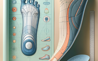 An alt text for the image: A rolled-up blueprint of a foot with a custom insole beside it, featuring color-coded indicators for arch support and heel cushioning