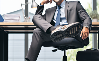 A South Asian professional wearing a business suit, sitting comfortably in an office environment, with their well-cushioned, aesthetic shoes resting on an ottom