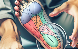 A pair of healthy human feet under a magnifying glass on soft, color-coded insole placements.
